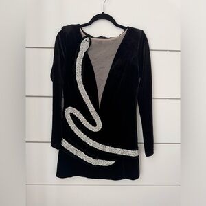 Sparkly Eras Crystal Snake Embellished Deep V long sleeve Velvet Mini Dress M